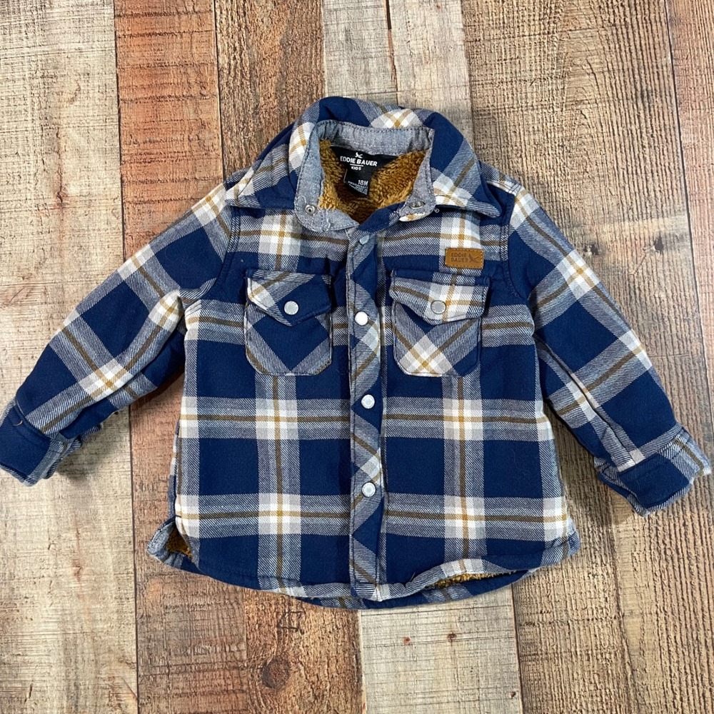 Eddie Bauer Blue White Plaid Sherpa Lined Flannel Shirt Jacket Shacket 18M Kids